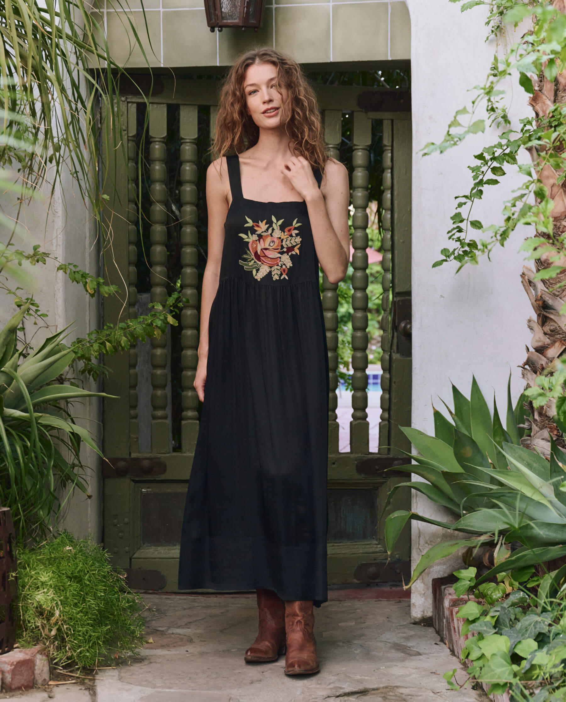 The Day Dress. -- Black with Bouquet Floral Embroidery